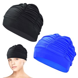 Unisex Fabric Swimming Cap, Pack of 2 Swimming Caps, Soft and Durable Swimming Cap, Quick-Drying Swimming Cap Made of Stretch Fabric, Swimming Cap Fabric for Men and Women, Black + Blue