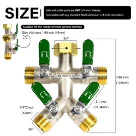 TSGOHNL Heavy Duty Brass Garden Hose Splitter, Freeze and Sun Resistant Outdoor Faucet 4-Way Valve, Nickel Plated for Rust Resistance, 3/4” GHT (green)