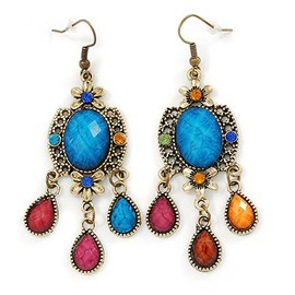 Multicoloured Acrylic and Crystal Bead Chandelier Earrings In Antique Gold Tone - 75mm L
