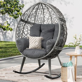 YITAHOME Wicker Rocking Egg Chair, Outdoor Patio Rocking Chair with 5.9in Thick Cushion, 250lb Capacity, Anti-Slip, All-Weather Resilient Egg Lounger Chair for Indoor & Outdoor, Grey(1 Pack only)