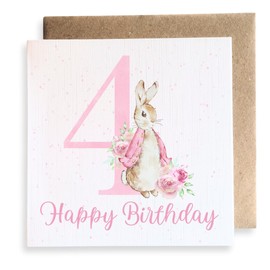 Second Ave Cute 4th Birthday Age 4 Pink Bunny Rabbit Square Card Birthday Greeting Card for Girl
