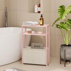 Leomonio Narrow Side Table, Slim End Tables with Fabric Basket, Skinny Table for Small Spaces, Thin Bedside Table for Living Room, Bedroom (1, Jelly Pink + Cream White)