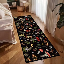 Mushroom Runner Rug 2x6 Throw Rug Black Kitchen Runners Ultra-Thin Low Pile Carpet Washable Hallway Rugs Spring Summer Home Decor Area Rug Non-Slip Floor Carpets for Bedroom Entrance Door Mat Indoor