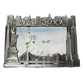 New York Souvenir Metal Picture Frame with Statue of Liberty Empire State Building Freedom Tower NYC Skyline (6"W X 4"H Photo)