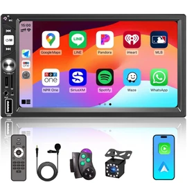 7” Wireless Apple CarPlay Double Din Car Stereo,FM Car Radio,Bluetooth 5.2,IPS Touchscreen 1024 * 600, Backup Camera,EQ Audio,Dual USB+Type-c Charging,Subwoord,Android Auto,Navigation,CarPlay MP5