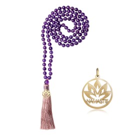 COAI 108 Mala Necklace Gemstone Hand Knotted Tassel, amethyst, Amethyst