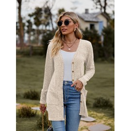 Famulily Autumn Winter Cardigans for Women with Pockets, Button Down Open Front Cardigans Sweaters for Ladies (XL, Beige)
