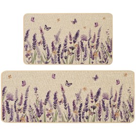 Baccessor Spring Summer Kitchen Mats Set of 2, Lavender Butterfly Floral Kitchen Rugs for Floor Non Slip Absorbent Low-Profile Seasonal Farmhouse Home Decor 17x29 and 17x47 Inch