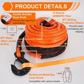 RUHUO Synthetic Winch Rope Kit, 1/2" x92' Winch Cable with Protective Sleeve, Heavy-Duty Winch Hook, Winch Accessories for Off-Road SUV, UTV, ATV (Black&Orange, 1/2" x92')
