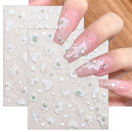 2 Sheets Green White Snow Mowing Flower Nail Art Stickers 5D Embossed Self-Adhesive Pearl Flower Stickers White Feather Lace Design Suitable for Ladies Girls Nail Art Decoration