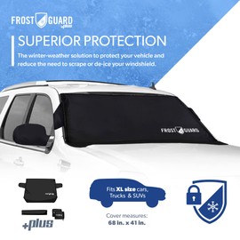FrostGuard Plus | Winter Windshield Cover for Ice and Snow, XL Size (Black) - Built-in Security Panels, Wiper Blade Coverage + Mirror Covers - Fits XL Size Cars, Trucks and SUVs, 68 x 41 Inches