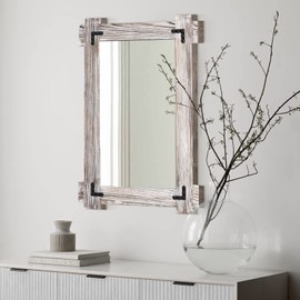 Rustic Mirror Wood Mirror for Bathroom, Decorative Framed Wall Mirror, Farmhouse Natural Vanity Mirror, Wall Mounted Rectangular Mirror for Bedroom Living Room, Wood Mirror Small 20x30 Inch, White