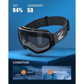 ZIONOR X Ski Snowboard Snow Goggles OTG Design for Men Women Adult with Spherical Detachable Lens UV Protection Anti-fog (VLT 94% Black Frame Clear Lens)