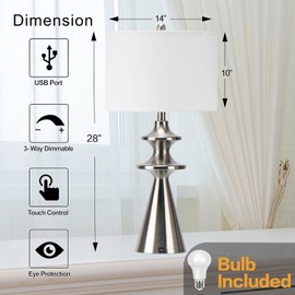 Touch Table Bedside Lamps Set of 2, 30" Tall Table Lamps with White Shade, Bedroom Bedside Lamp with USB Charging Port, 3 Way Dimmable Touch Control Nightstand Lamps for Bedroom, Living Room, Office