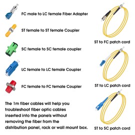 Xunsomten Fiber Optic Cable Troubleshoot Kit, Testing Both Singlemode and Multimode Cables Contain 1PC VFL-10 Visual Fault Locator, FC to LC Adapter,LC, SC, ST, FC Coupler and 3 Short Patch Cords