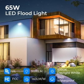 CINOTON 65W LED Flood Lights Outdoor, IP65 Waterproof Exterior Security Wall Lights with 180°Knuckle, 9100LM 120V Outside Aluminum Lighting Fixture for Patio Porch Barn Garden 5000K 4 Pack, UL Listed