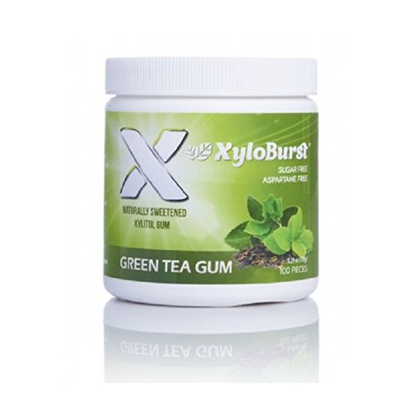 XyloBurst 100% Xylitol, Natural Chewing Gum, 100 Count Jar Non GMO, Vegan, Aspartame Free, Sugar Free (Green Tea, 1 Jar)