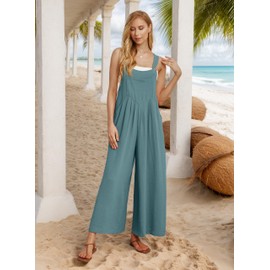 IWOLLENCE Women's Summer Jumpsuits Boho Wide Leg Overalls Casual Loose Rompers with Pockets 2024 Blue Green X-Large