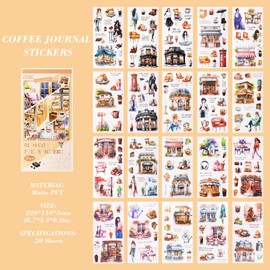 Dizdkizd Coffee Aesthetic Stickers for Journaling, 20 Sheets Pre -Cut PET Sticker Book for Scrapbooking, Planner, Vintage Junk Journal Supplies for Adults