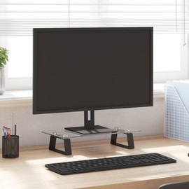 vidaXL Black Tempered Glass & Metal Monitor Riser - Ergonomic Desktop Stand for Computer/Laptop, With Underneath Storage, 15.7"x7.9"x3.1"