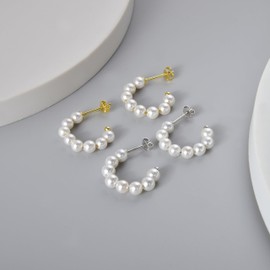 Pearl Hoop Earrings Silver 925 Hoop Earrings with Pearls Small Pearl Hoop Earrings Stud Pearl Earrings Round Pearl Earrings Jewellery Gifts for Women Girls, Sterling Silver