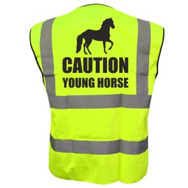 Equestrian CAUTION YOUNG HORSE Hi Viz Vis Vest Horse Riding Reflective Waistcoat Jacket Road Safety Visibility Yellow XXX-Large