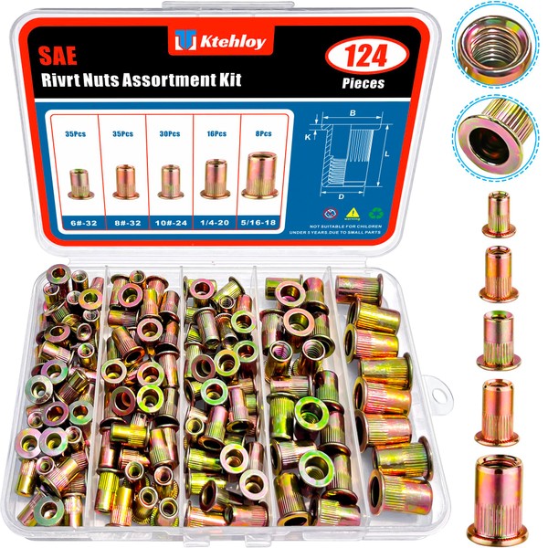 Ktehloy 124Pcs SAE UNC Rivet Nut Assortment Kit, Zinc Plated