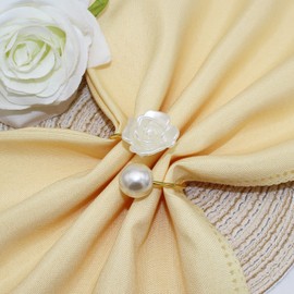 Davifina Flower Pearl Napkin Rings Set of 24 Wedding Napkin Holder for Valentine's Day Christmas Thanksgiving Dinning Table Decoration(White)