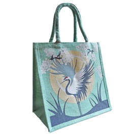 Jute Shopping Bag with Crane Design, 30 x 30 x 20 cm, Handle Length 36 cm