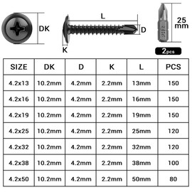 sturiz Pack of 120 Self-Tapping Screws Black 4.2 x 32 mm Self Tapping 410 Stainless Steel Drilling Screws Metal Phillips Self-Drilling Countersunk Head for Steel Wood with 2 Pieces Bits