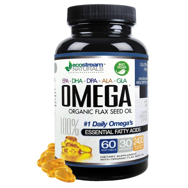 Omega 3-6-9 Blend with DPA, EPA, DHA, ALA and GLA and Organic Flax Seed Oil, Over 2,800 Milligram Strength - Gluten Free - Made in The USA - 60 SoftGels