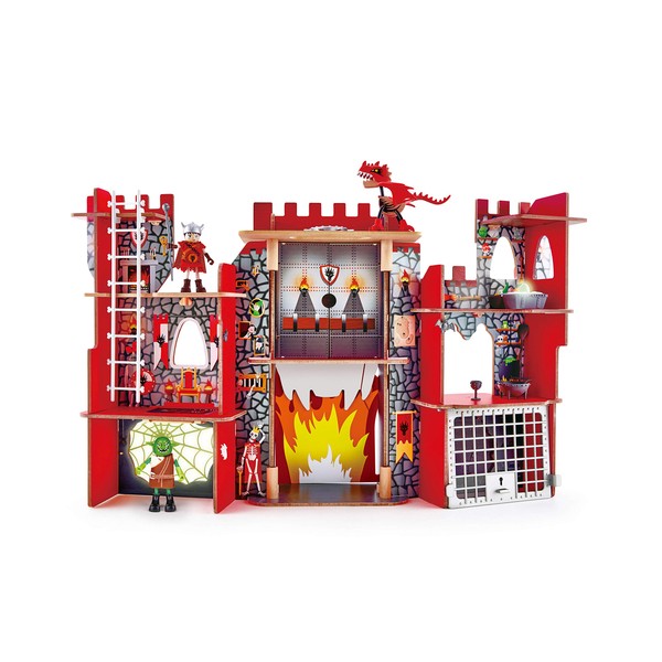 Hape Vikings Castle Dollhouse Play Set| Wooden Folding Dragon Castle Dollhouse with Magic Accessories, Glow in The Dark Spider Web, Dragon Egg and Action Figures (E3025)