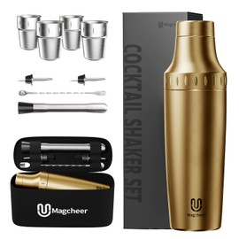 Magcheer Hybrid Cocktail Shaker Set with Stackable Cups | Vacuum Insulated Stainless Steel Martini Shaker & Bartender Tools | Travel-Ready Kit | 30oz | Gold