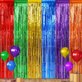 4 Pack 3.3Ft x 6.6Ft Fiesta Foil Fringe Curtain Backdrop Decorations, Mexican Rainbow Metallic Tinsel Foil Streamers Curtain Photo Booth Background for Cinco de Mayo, Dia De Los Muertos, Taco Parties