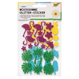 folia 23782 Foam Rubber Glitter Stickers, Tropic, Assorted in Pink, Green, Yellow and Turquoise, Assorted Designs, Pack of 40 – Ideal for Decorating and Decorating Greeting Cards etc.