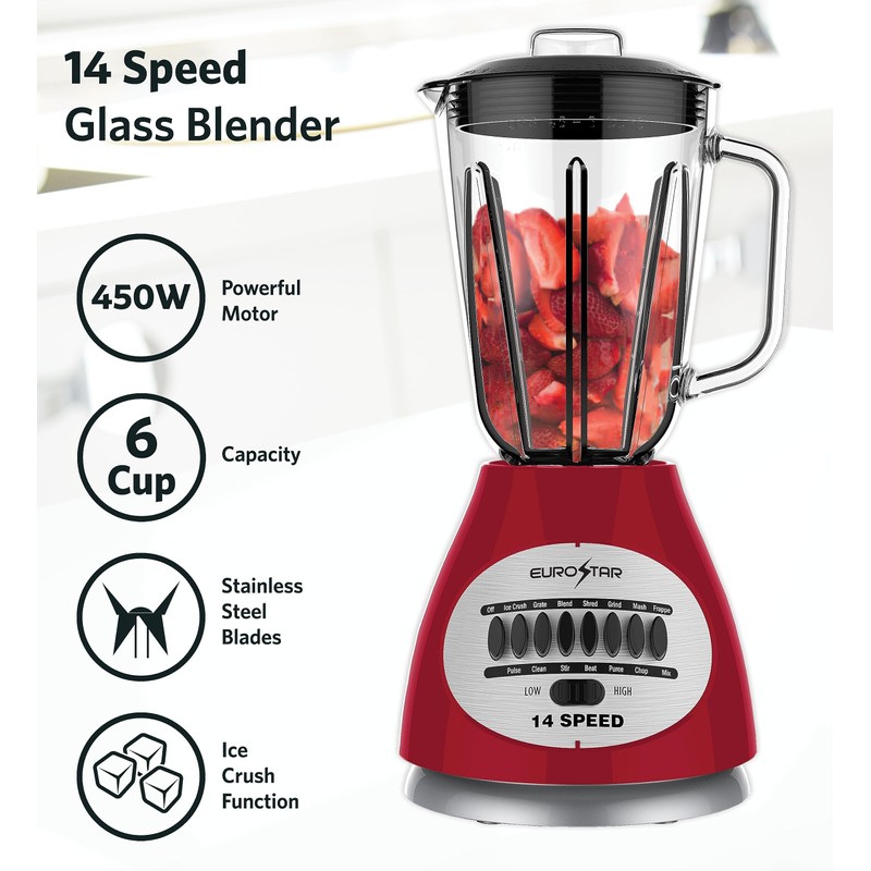 EUROSTAR 450W 14-Speed Glass Jar Blender (RED)