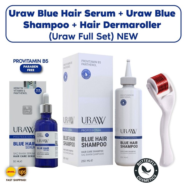 Uraw Blue Hair Serum + Uraw Blue Shampoo + Hair Dermaroller (Uraw Full Set) NEW