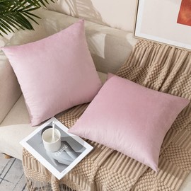 ETASOP Velvet Pillow Covers with Inserts Included 18x18, Pack of 2 Soft Solid Decorative Throw Pillows for Sofa Bedroom Car (Light Pink)