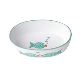 PetRageous 13057 Bubble Fish Oval Dishwasher Safe Stoneware Cat Bowl 6.5-Inch Long 4-Inch Wide 2-Inch Tall 2-Cups Capacity for Cats, White