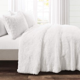 Lush Decor Emma Soft Fluffy Faux Fur Oversized Comforter Set, Full/Queen, White - Warm Plush 3 Piece Bedding Set