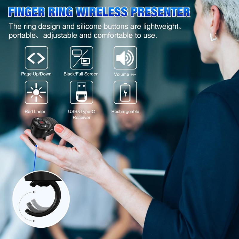 Rechargeable USB Type C Wireless Presentation Clicker, Finger Ring Clicker