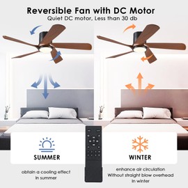 CHESUR Flush Mount Ceiling Fans with Lights Low Profile - 54" Modern Ceiling Fan, 5 Blades, Reversible and Dimmable LED Light, Indoor Ceiling Fan Light for Bedroom, Covered Outdoor, Brown