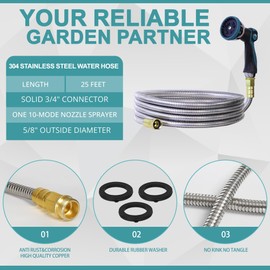 25FT Garden Hose, 304 Stainless Steel Water Hose, Flexible with a 10-Mode Nozzle Sprayer, No Kink, Lightweight, Puncture Proof, Ideal for Yard, Lawn, Outdoor, 5/8'' Outside Diameter