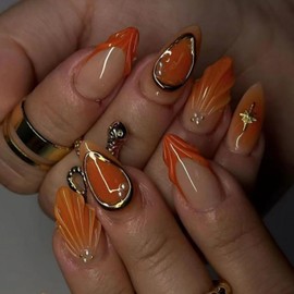 Press on Almond Nails Short Length Glossy Full Cover Acrylic Almond Shaped False Nails with Designs Artificial Almond Fake Nails with Charms Glue Stick on Fingernails for Women Girls(TY394)