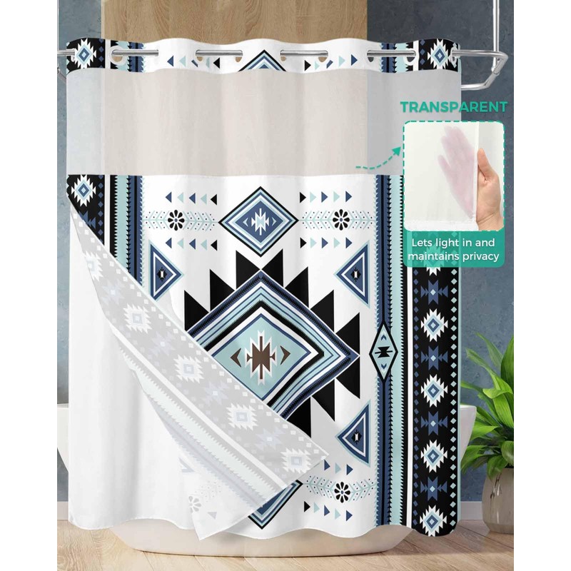No Hook Waterproof Shower Curtain, Blue Curtain Liner Set, Western