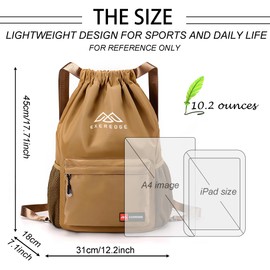EXEREDGE Drawstring Backpack for Women Men Sport Gym Bag Water Resistant Backpack Sandproof Beach Bag With Mesh Pockets (Khaki)