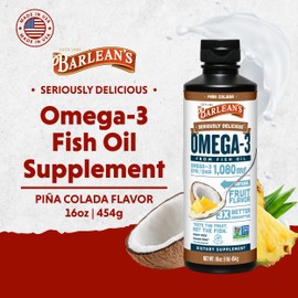 Barlean's Omega 3 Fish Oil Liquid Supplement for Men and Women, 1080mg of EPA and DHA Fatty Acid, Promotes Brain & Heart Health - Non-GMO, Pina Colada, 16 oz