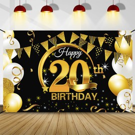 20th Birthday Decoration Black Gold, 20th Birthday Banner, 20th Birthday Party Decoration for Woman Man, 20th Birthday Background Banner, Extra Large Fabric Sign Poster 20th Birthday Party Supplies