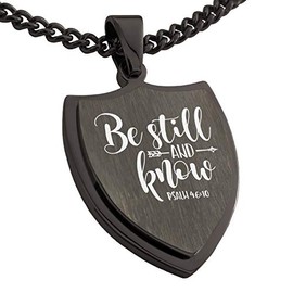 Tioneer Gunmetal Stainless Steel Be Still & Know Psalm 46:10 Shield Pendant Necklace