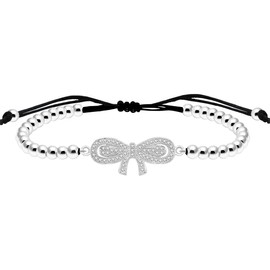 Oneress Exquisite Silver Color Bow Design Stretch Bracelet, White Gold Plated Brass Beaded Women's Jewelry Gifts with Sparking CZ for Best Sisters YA4866